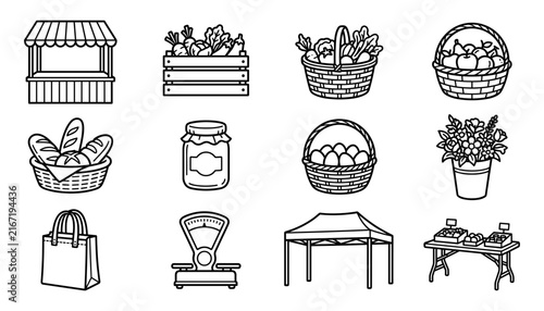 Cuadro en lienzo Farmer's Market Icons Set with Produce, Baskets, and Market Stall Design