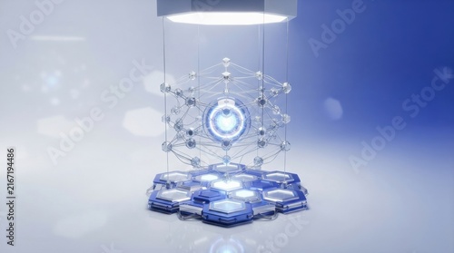 Futuristic AI neural network core floating over digital ice platform with glowing nodes and data streams