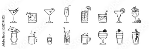 Cocktail glasses set with line art illustrations featuring martini, coupe, highball, rocks glass, with garnish, ice cubes and herbs