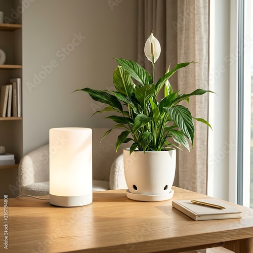 Glowing table lamp beside a peace lily plant.