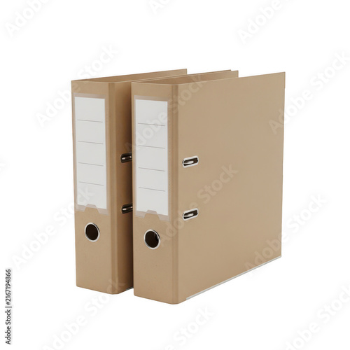 Two brown cardboard ring binders on a white background