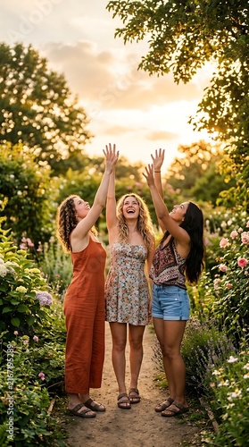 Happy women high fiving in a sunny summer garden.