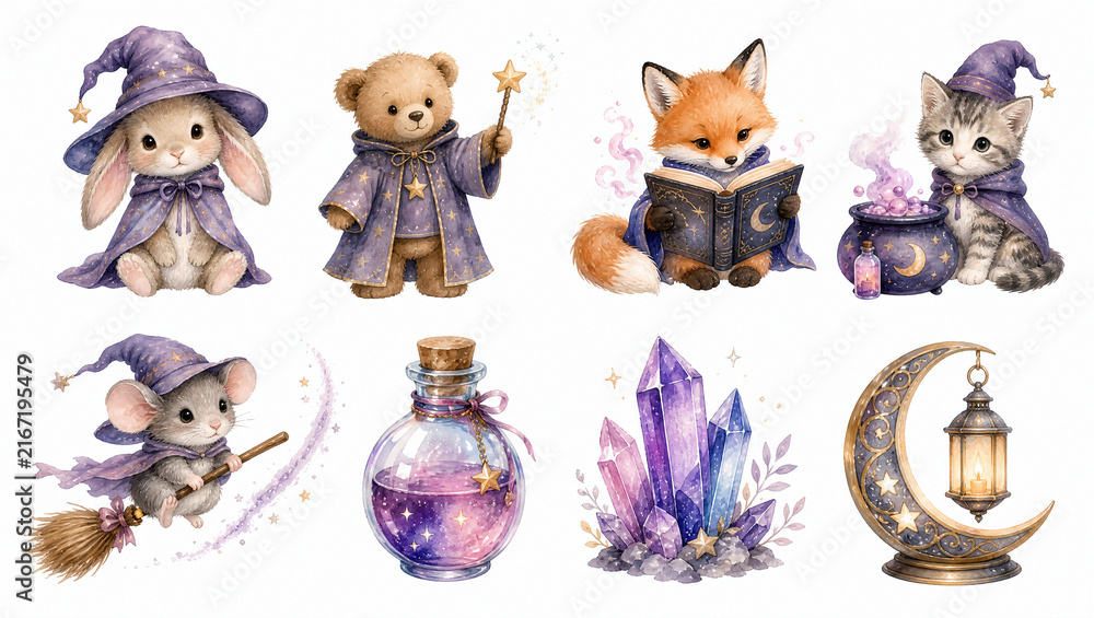 Naklejka premium Cute watercolor wizard baby animals and magic clipart set. Bunny, bear, fox, and kitten in wizard hats with wand, spellbook, cauldron, potion, crystals, and lantern isolated on white background