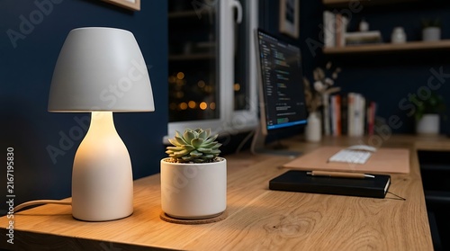 Illuminated desk lamp on modern wooden workstation.