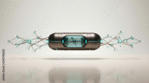 Futuristic AI neural network processor chip with glowing digital brain hologram display