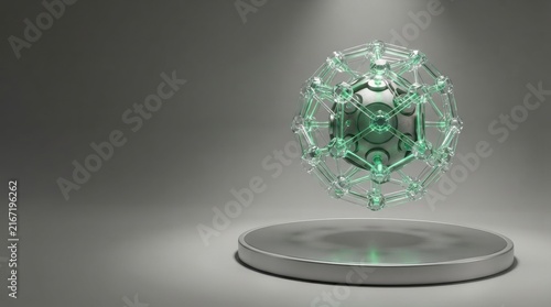 Glowing emerald AI data core floating on reflective futuristic pedestal in neon sci-fi lab