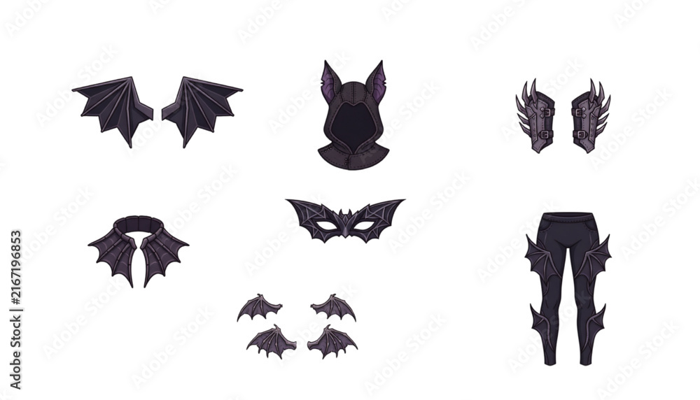 Fototapeta premium Dark fantasy bat costume elements featuring wing mask, pointed hood, winged collar, arm guards and leggings vector design