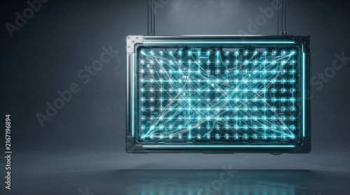 Digital neural network matrix with glowing blue circuit nodes and futuristic data flow visualization