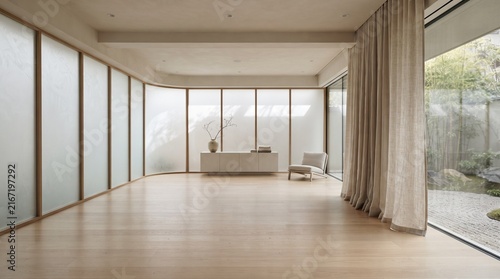 Japandi style minimalist interior photography showcasing a serene living space with curved shoji screens, wood floors, and a view of a tranquil zen garden. Ideal for wellness backgrounds or luxury rea