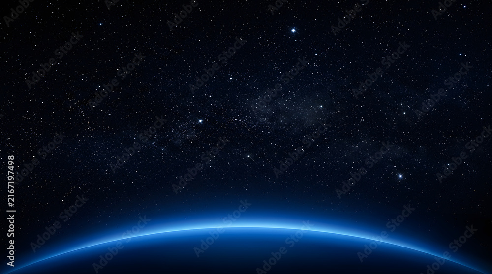 Fototapeta premium Cosmic Horizon: A stunning vista of the Earth's curved horizon glowing with ethereal blue light against a vast, star-studded night sky.