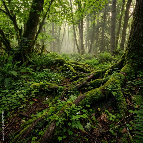 Lush green forest floor with mossy tree roots.