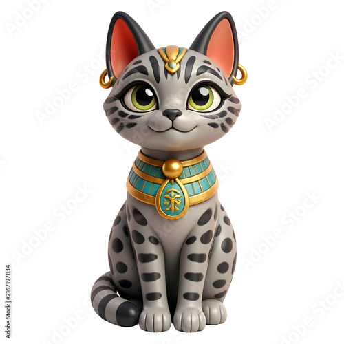 International Cat Day features an adorable stylized Egyptian feline figurine wearing ornate golden jewelry and turquoise collar.