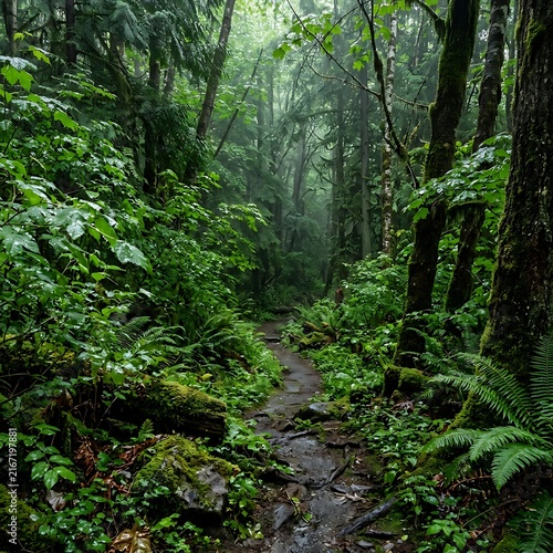 Lush green forest path with dense tropical foliage.