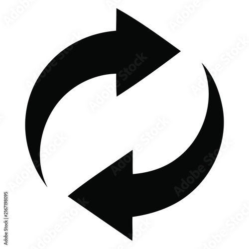 Two black arrows forming a circular recycling symbol against a white background reuse loop cycle rotation counterclockwise clockwise