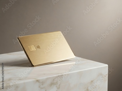 Blank gold credit card resting on a white marble surface for luxury banking concepts.
