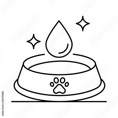 Fresh Water Line Icon - Clean Water Drop Splashing into Pet Paw Bowl with Sparkles. Vector Illustration