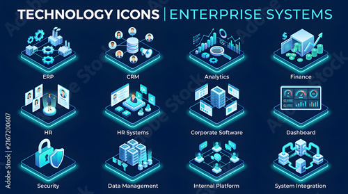Enterprise Systems Technology Icons: A comprehensive collection of isometric vector icons representing various enterprise systems, including CRM, analytics, finance, HR, security, and data management.