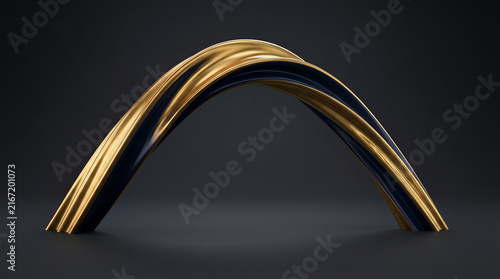 Luxury Abstract Gold and Black Twisted Wave Arch Sculpture Isolated on Dark Gray Background