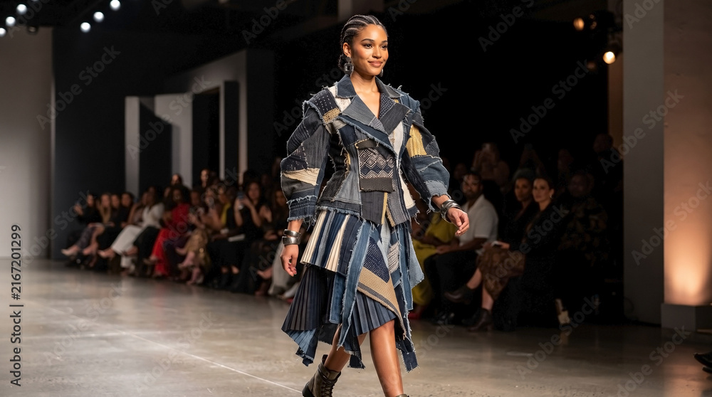 Naklejka premium Modern fashion runway show with model wearing patchwork denim outfit. Fashion runway features creative designer apparel and walking model. Stylish fashion runway concept for clothing industry news.