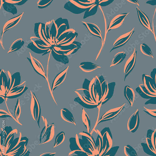 Seamless botanical pattern with painterly brush stroke flowers and leaves in peach, coral, and teal gray. Artistic floral print for textile, decor.
