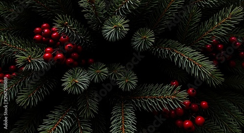 Festive christmas pine branches with red berries background