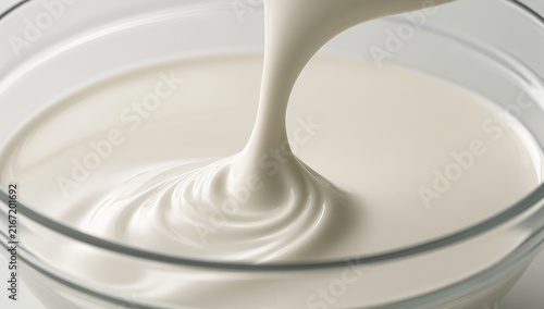 Thick White Cream Pouring into a Glass Bowl.