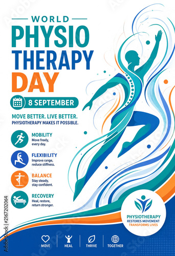 World Physiotherapy Day poster design featuring an abstract human silhouette in motion with medical icons for mobility flexibility balance and recovery