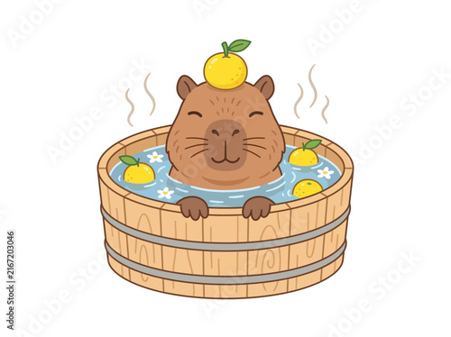 Cute cartoon capybara enjoying a relaxing hot bath with yuzu fruits in a wooden tub, with steam rising.