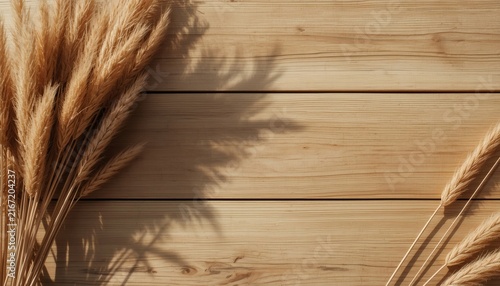 Abstract botanical shadow of dried pampas grass on a light wooden plank background