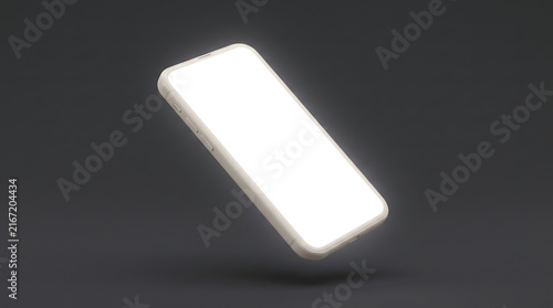 Floating 3D Smartphone with Blank Glowing White Screen on Dark Minimalist Background for Digital Mockup