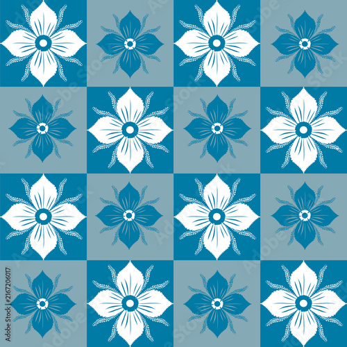 Blue and white floral grid tile seamless pattern background, geometric vector design