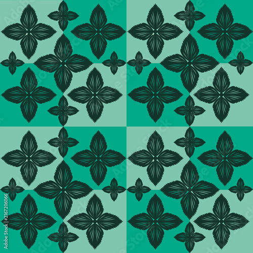 Green floral geometric grid seamless pattern background, leaf tile vector design