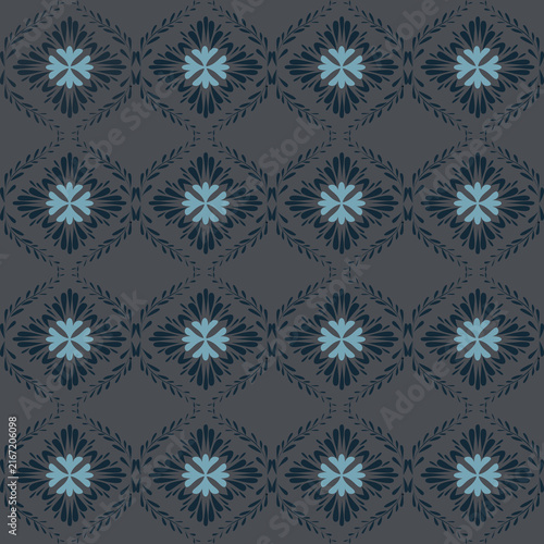 Dark grey and blue floral ornament seamless pattern background, classic damask vector design