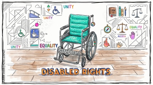 Wheelchair and Symbols of Inclusion: A detailed illustration showcases a wheelchair at the center, surrounded by symbolic icons representing unity, equality, access, and justice.