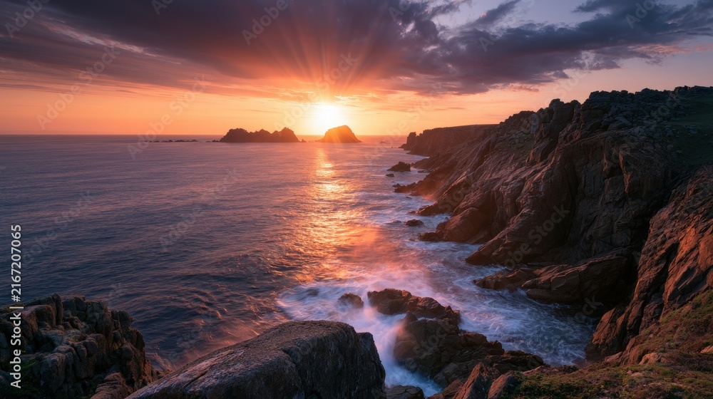 Obraz premium Dramatic sunset over a rocky ocean coastline with golden sunrays piercing through clouds. Perfect nature background for travel and wellness inspiration.
