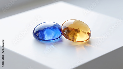 One blue and one yellow round glass pebble sitting on a clean surface