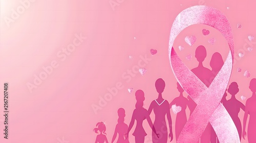 Background illustration featuring the silhouettes of several women and a pink ribbon, with copy space.