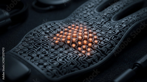 Futuristic haptic glove with glowing sensors, advanced wearable technology for virtual reality, tactile feedback device with intricate circuit patterns