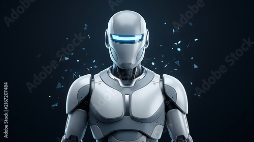 Futuristic robot with glowing blue visor standing in dark digital space
