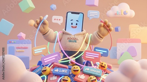 Social Media Addiction: A cartoonish smartphone character, depicted with a smiling face and wearing a hoodie, is entangled in a colorful web of social media icons and notification bubbles.