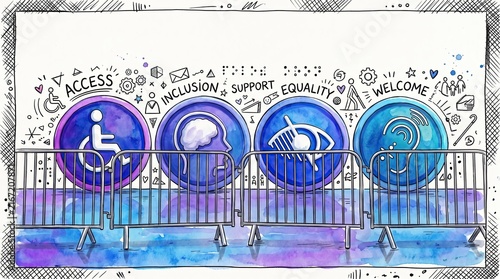 Inclusive Access for All: A visual representation of inclusivity, featuring symbols for accessibility, inclusion, equality, and a warm welcome, suggesting a barrier-free environment for everyone.