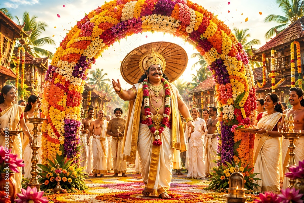 Fototapeta premium Thiruvonam Onam Festive Background with Pookalam Flowers, Banana Leaf Sadya, Nilavilakku, Kathakali and Traditional Kerala Cultural Elements