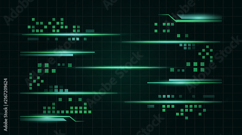 Abstract green digital interface elements with glowing lines and geometric squares