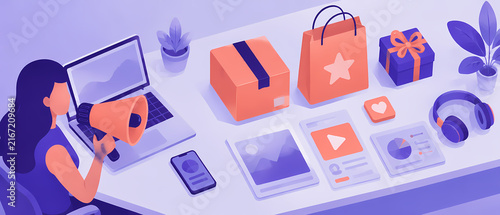 Vector banner showing a woman using a megaphone beside parcels, shopping bags, gifts, headphones and digital product tiles, illustrating ecommerce, online retail, promotion and digital marketing