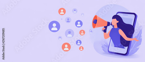 Vector banner showing a woman with a megaphone emerging from a smartphone beside connected audience profile icons, illustrating social media marketing, digital promotion, outreach and online communica