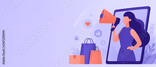 Vector banner of a woman with a megaphone emerging from a smartphone beside shopping bags and social icons, illustrating mobile ecommerce, online retail, digital marketing, promotion and communication