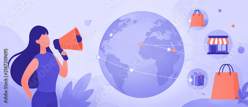  banner of a woman with a megaphone beside a globe and shopping icons, illustrating global ecommerce, online retail, digital marketing, international sales and worldwide communication