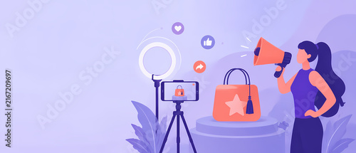 Vector banner showing a woman with a megaphone beside a smartphone on tripod, ring light and shopping bag, illustrating livestream shopping, influencer marketing, ecommerce and social media promotion