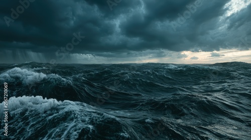 A stormy sea with rough waves under dark ominous clouds. Dramatic ocean weather background for climate change concepts.