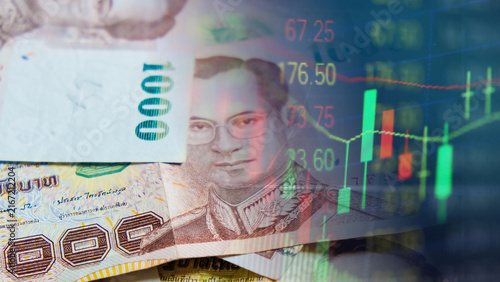 Canvastavla Thailand baht banknotes overlaying digital stock market index data and green candlestick graph background